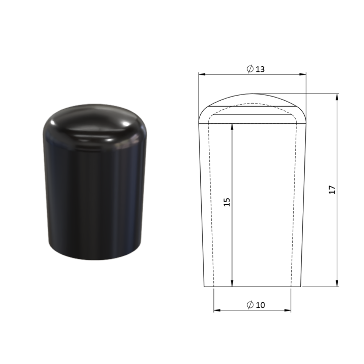 Vnější PVC krytka ø 13 x 17 mm, otvor 10 x 15 mm, černá
