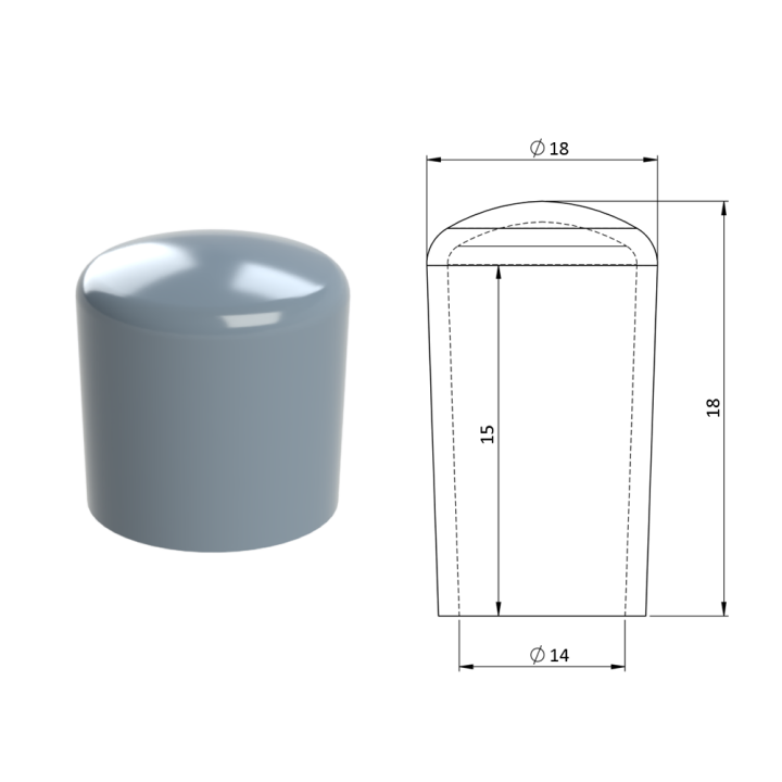Vnější PVC krytka ø 18 x 18 mm, otvor 14 x 15 mm, šedá
