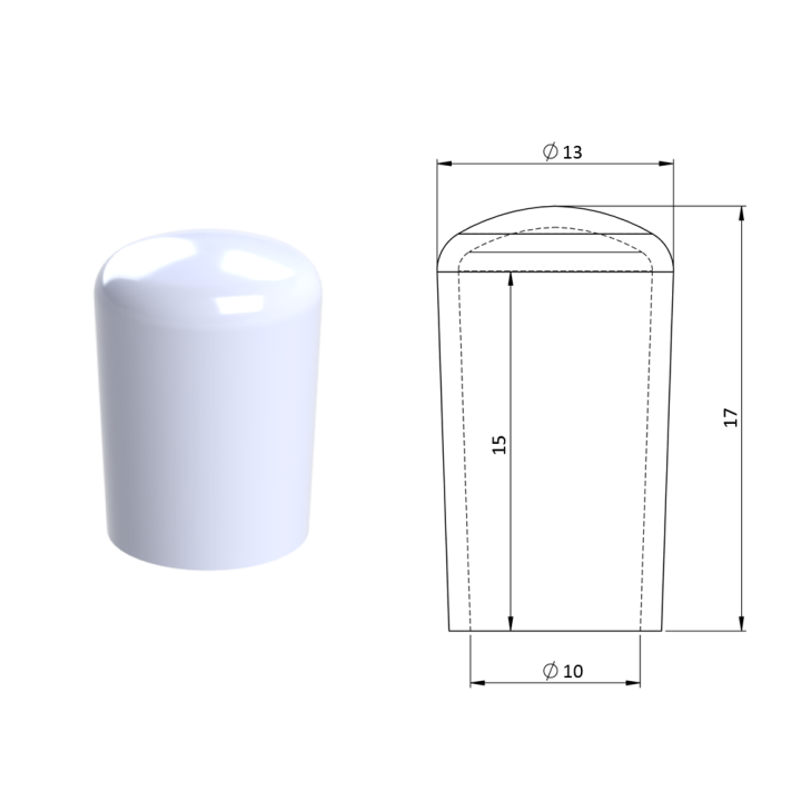 Vnější PVC krytka ø 13 x 17 mm, otvor 10 x 15 mm, bílá