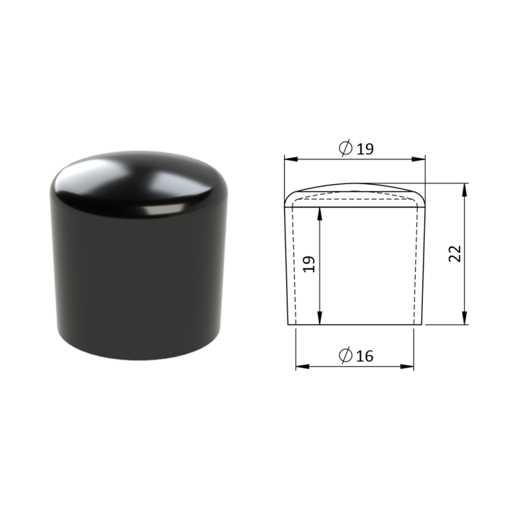 Vnější plastová krytka Ø 19 x 22 mm, otvor 16 x 19 mm, černá
