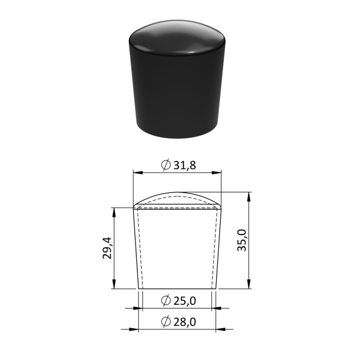 Vnější plastová krytka PVC Ø 31,8 x 35 mm, otvor 25 mm, černá