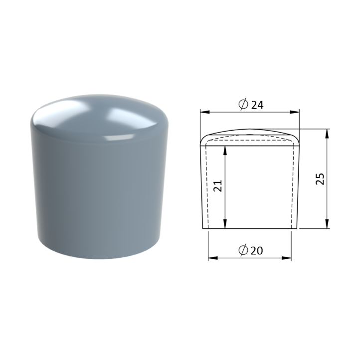 Vnější plastová krytka PVC Ø 24 x 25 mm, otvor 20 x 21 mm, šedá