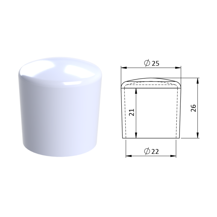 Vnější plastová krytka PVC Ø 25 x 26 mm, otvor 22 x 21 mm, bílá