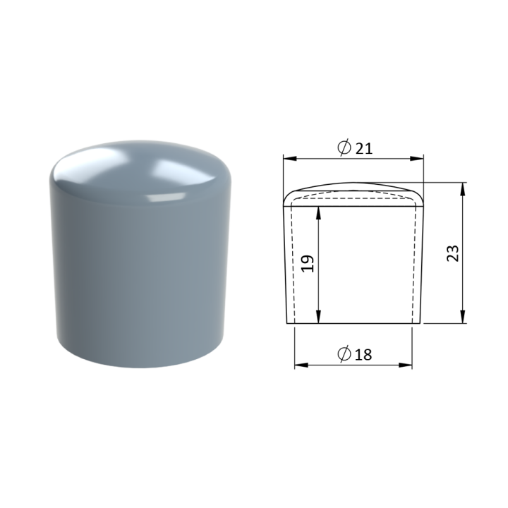 Vnější plastová krytka PVC Ø 21 x 23 mm, otvor 18 x 19 mm, šedá