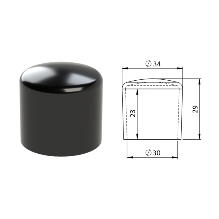Vnější krytka PVC ø 34 x 29 mm, otvor 30 x 23 mm, černá