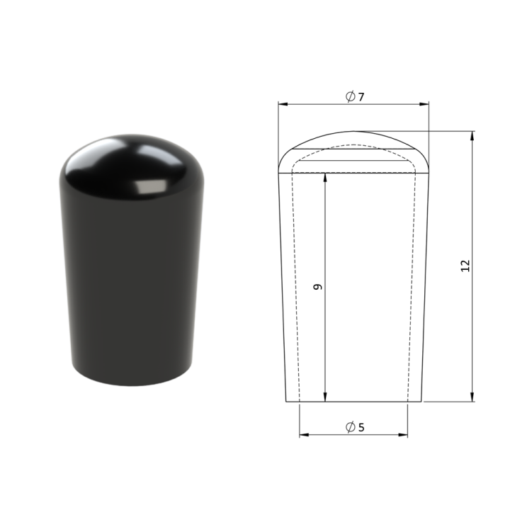 Vnější krytka PVC ø 7 x 12 mm, otvor 5 x 9 mm, černá