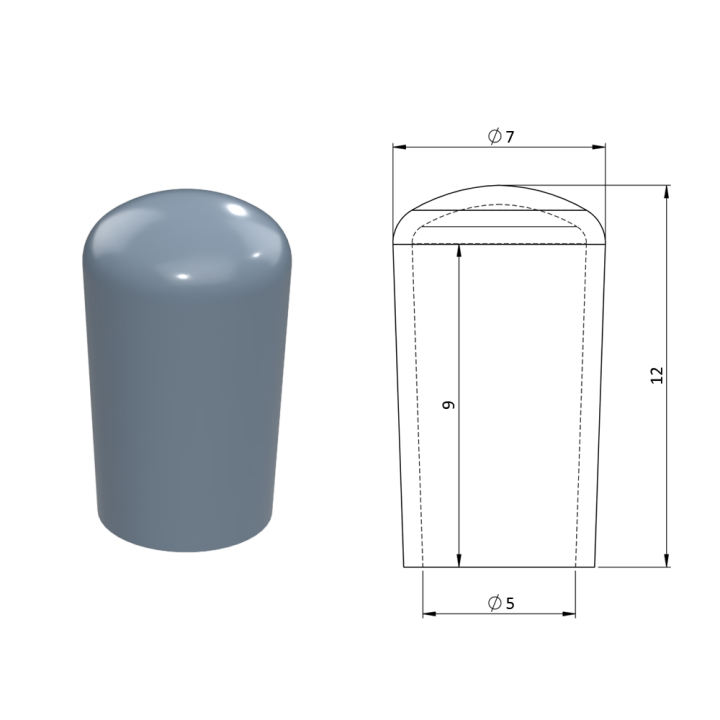 Vnější krytka PVC ø 7 x 12 mm, otvor 5 x 9 mm, šedá