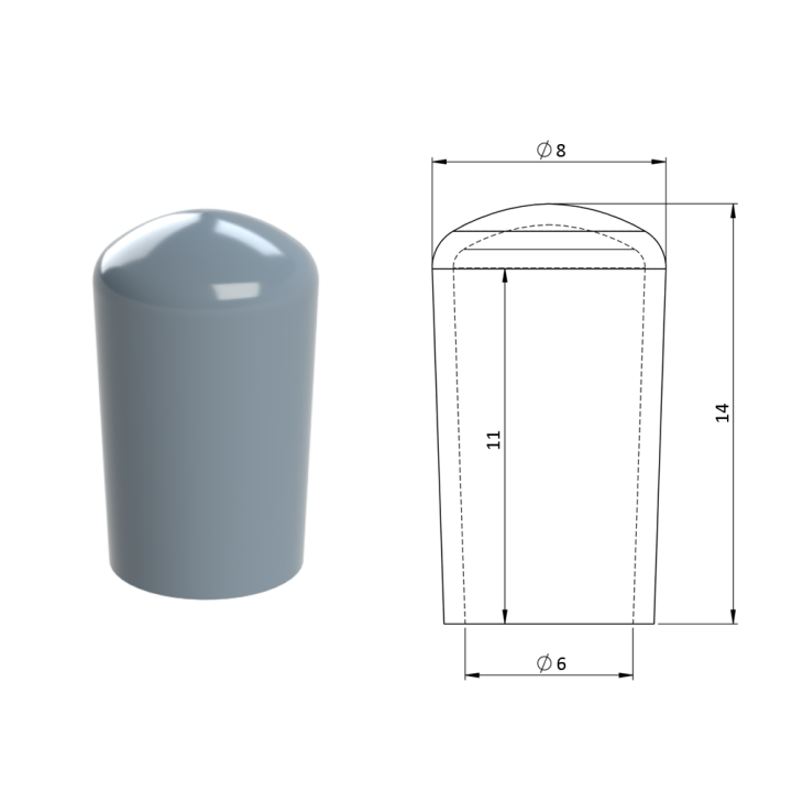 Vnější krytka PVC ø 8 x 14 mm, otvor 6 x 11 mm, šedá