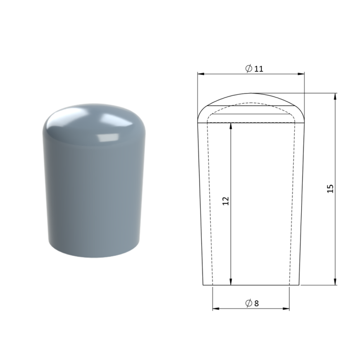 Vnější krytka PVC ø 11 x 15 mm, otvor 8 x 11 mm, šedá