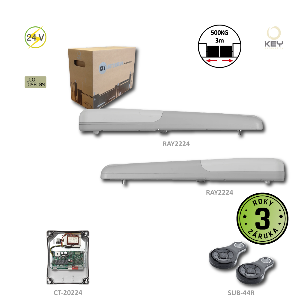 RAYKIT pro dvoukřídlovou bránu do 3m/křídlo, 2x RAY2224 bez LED (24V, 85W, 1500N), 1x CT-20224 se zabudovaným příjmačem, 2x SUB-44R