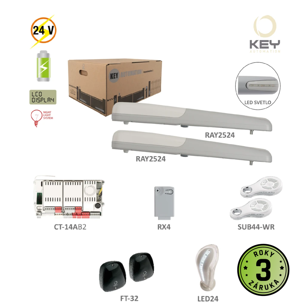 RAYKIT pro dvoukřídlou bránu do 2,5 m/kř., 2x RAY2524 pohon 24V, 85W, 1500N, 1x LED24, 2x SUB-44WR, 1x CT-14A, 1x RX4, 1 pár FT-32