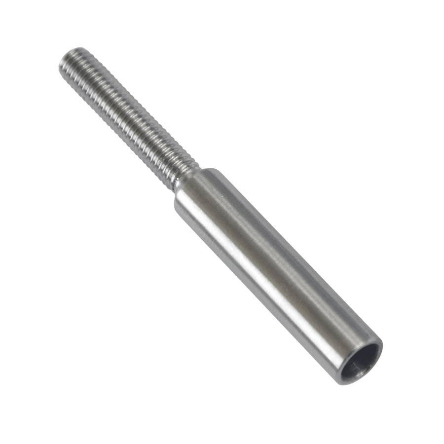 Úchyt (lepící) pro ocelové lanko o průměru 6mm s vnějším závitem M6 x 30mm, (D=9mm / L: 70mm), broušená nerez K320 / AISI304, použít lepidlo MD-GEL454/20