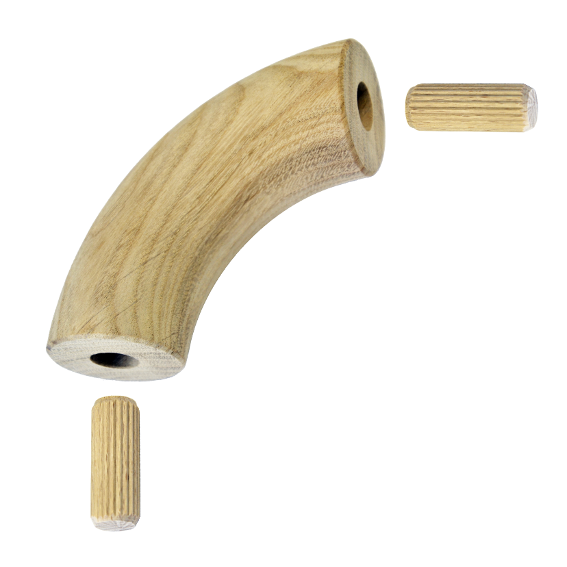 Dřevěný spojovací oblouk (průměr=42mm / 90°), materiál: dub, broušený povrch bez nátěru